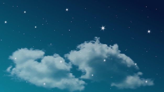 Bulutlu gece gökyüzü ve birçok yıldız. Derin evrende yıldız tozlarıyla soyut doğa arka planı. Vektör çizimi