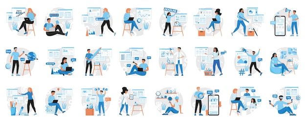 bundle of blue concepts with people scene in flat cartoon design a huge collection
