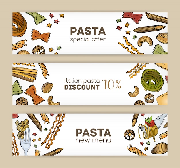 Bundle of horizontal web banner templates with various types of raw and cooked pasta.