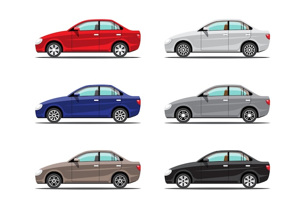 bundle set side view of automatic cars or passenger cars son white background, flat  illustration
