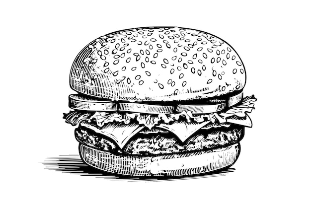 Burger engraving style art Hand drawn vector illustration of hamburger