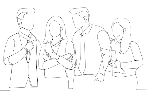 businespeople in stylish clothes having live discussion single continuous line art style