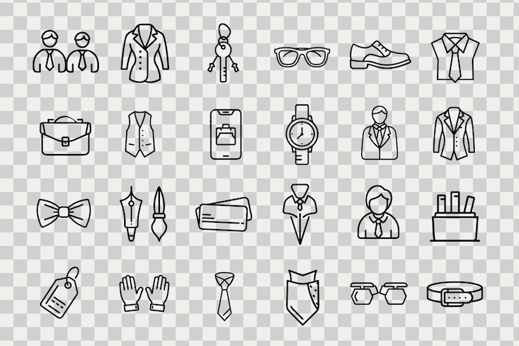 Business Accessories and Formal Attire Icons Line Art Vector Illustration Set