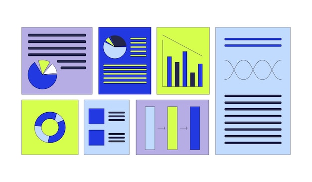 Business analysis reports 2D cartoon objects set