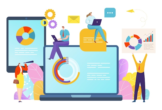 business analyze statistic data information tiny character people work infographic laptop flat