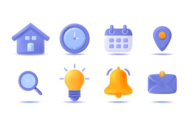 Business and office schedule 3d icon set Place time calendar search bulb bell envelope icon