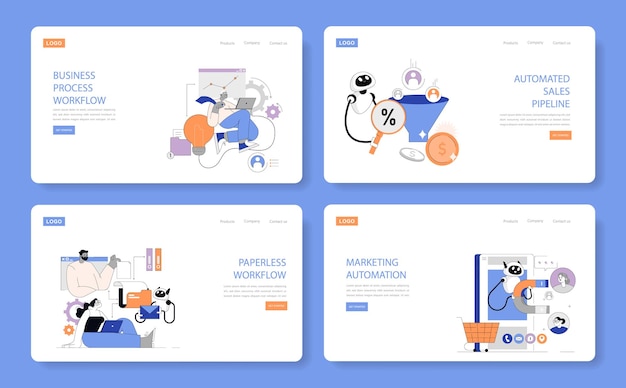 Business automation set illustrates digital transformation with online tools for workflow sales