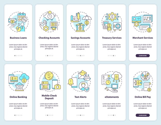 Business banking and digitization onboarding mobile app screen set