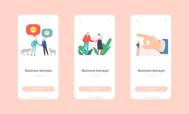 Business Betrayal Mobile App Page Onboard Screen Template. Characters with Knives Shaking Hands, Sheep and Wolf Friendship, Finger Throw Off Man from Ladder Concept. Cartoon People Vector Illustration
