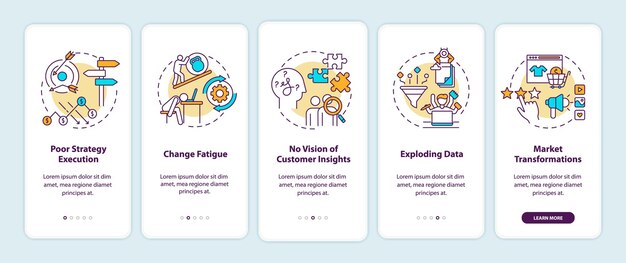 Business challenges onboarding mobile app page screen with concepts