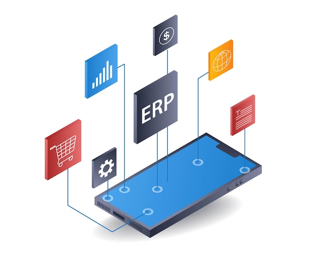 Business company ERP smartphone management flat isometric 3d illustration