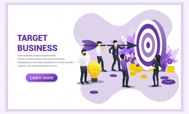 Business concept. People working together holding a big dart aimed at the dartboard for reach the target. Flat vector illustration
