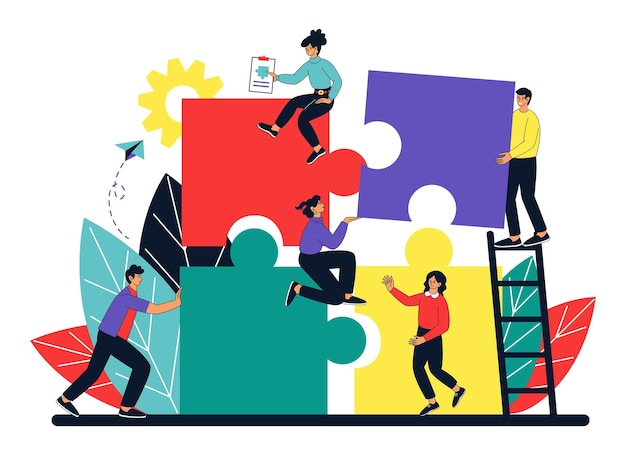Business concept team work people connect huge puzzle Partnership and cooperation in teamwork building pieces together creative professional challenge Vector illustration tidy