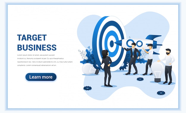 Business concept with people holding a rocket aimed at the target board for reach target business. Hit the target, goal achievement, leadership.