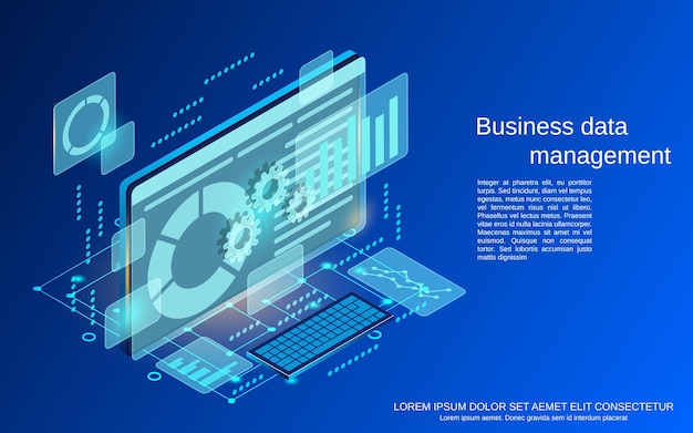 Business data management flat 3d isometric vector concept illustration