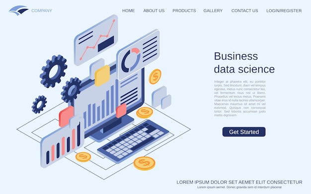 business data science financial analytics flat 3d isometric vector concept illustration