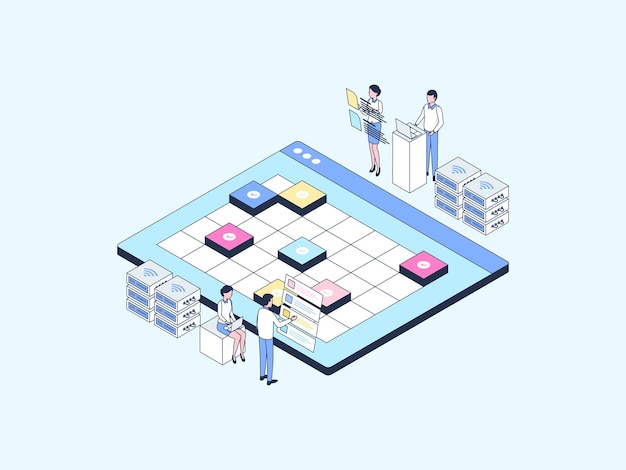 business event schedule isometric illustration lineal color. suitable for mobile app, website, banner, diagrams, infographics, and other graphic assets.
