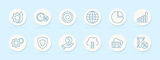 Business finance set icon Productivity interest target globe statistics growth gears security investment cloud credit card savings