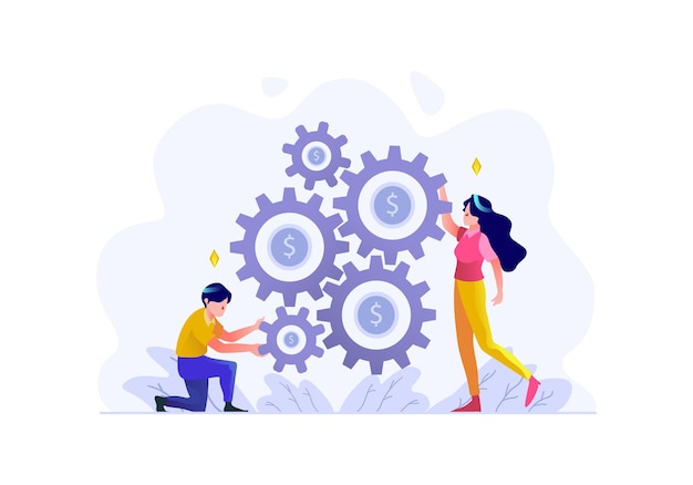 business finance Team doing money management setting gear strategy flat design style Illustration