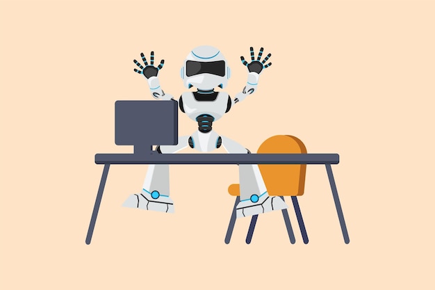 business flat cartoon style drawing happy robot jumping with raised hands near desk workplace modern robot artificial intelligence electronic technology industry graphic design vector illustration