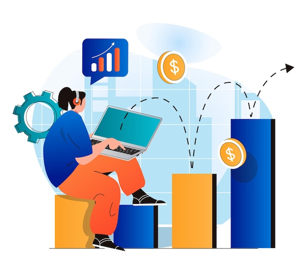 Business growth concept in modern flat design Businesswoman working at laptop analysis
