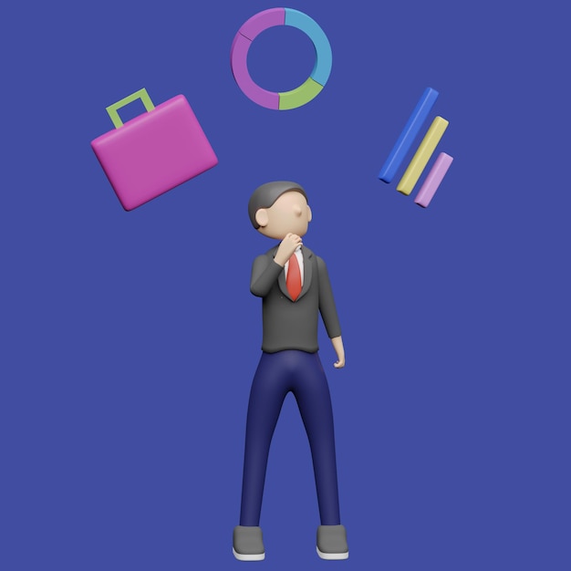 Business icons are floating above head concept Realistic 3d object cartoon style