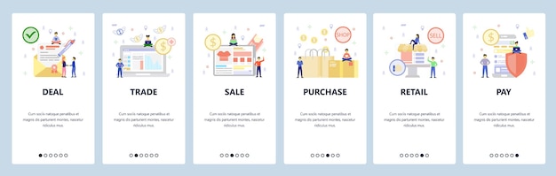 Business icons signed deal sale shopping bags retail shop secure mobile payment App onboarding screens Menu vector banner template for website and mobile development Web site design flat illustration