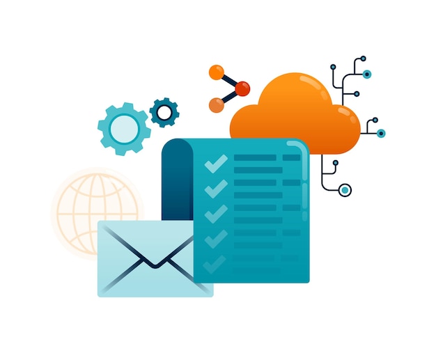 Business illustration of checklists and tasks digitalized by internet such as cloud and email
