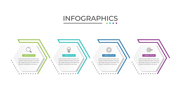 Business infographic design with 4 options Vector thin line label with hexagons template
