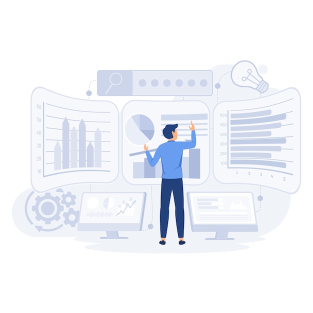 Business intelligence businessman working with performance tools and software solutions flat vector modern illustration