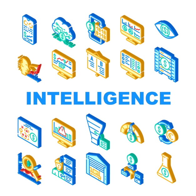 Business Intelligence Technology Icons Set Vector Business Intelligence Analysis And Analytics Chart And Infographic Digital Strategy And Science Trade Research Isometric Sign Color Illustrations