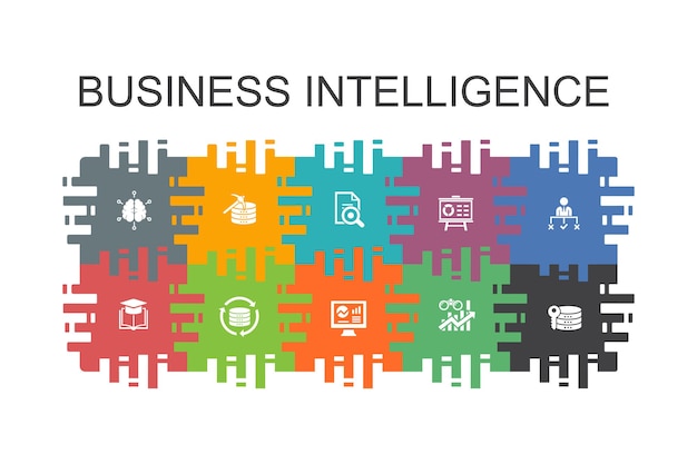 Business intelligence tecknad mall med platta element. Innehåller sådana ikoner som data mining, kunskap, visualisering, beslut