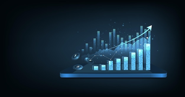 Business investment and graph arrow up growth on blue dark background Business chart with rising and uptrend line graphtrading stock market conceptVector illustration
