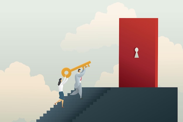 Business man and woman climb stairs to holding golden key to unlock door