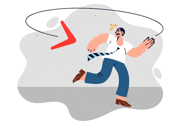 Business man is running away from boomerang trying to hide from consequences of own actions