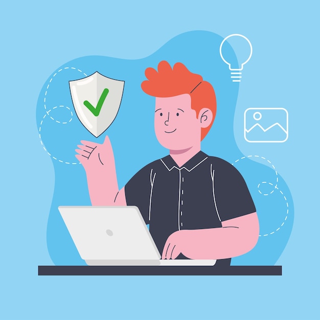 Business man using laptop with shield