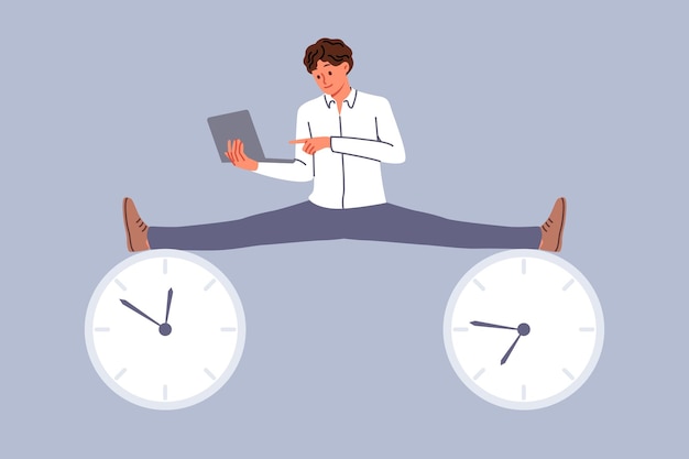 business man with laptop enjoying flexible work schedule does splits at clock symbolizing deadlines