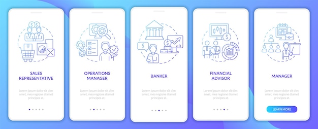 business management careers blue gradient onboarding mobile app screen walkthrough 5 steps graphic instructions pages with linear concepts ui ux gui template myriad probold regular fonts used