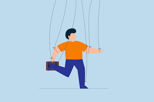 Business management people manipulation or power to dominate actions concept fake businessman pretending to be smart with rope or string as puppeteer doll controlled