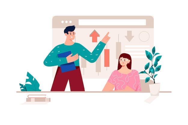 Business meeting pink concept with people scene in the flat cartoon style