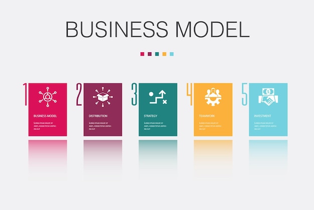 business model distribution strategy teamwork investment icons infographic design template creative concept with 5 steps