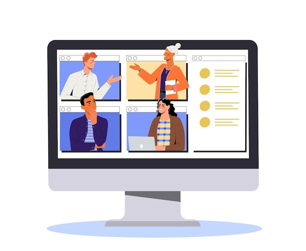 business negotiation concept video conference at computer collaboration and cooperation partnership graphic element for website cartoon flat vector illustration isolated on white background