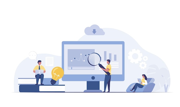 business people analytics and monitoring on web report dashboard monitor concept