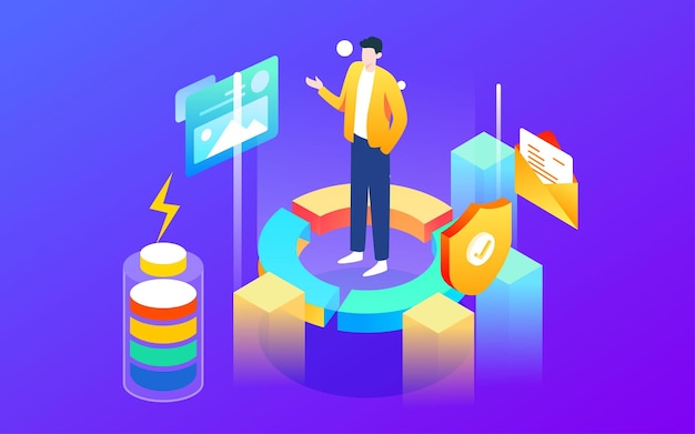 Business people are communicating and talking surrounded by various data isometric vector