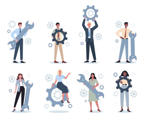 Business people holding wrench and gear set. Idea of office worker productively working and moving towards success. Partnership and collaboration.  abstract  