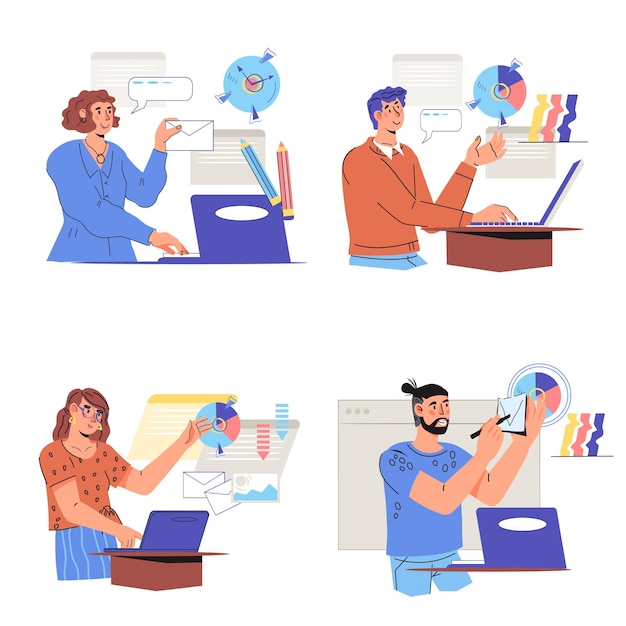 Business people office work scenes set flat cartoon vector illustration isolated