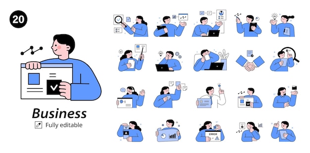 Business people upper body character set Vector design in blue monocolor with outline