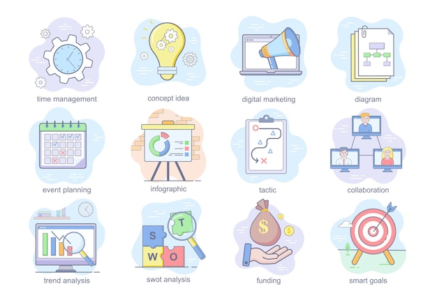 Business planning concept flat icons set bundle of time management digital marketing event planning ...