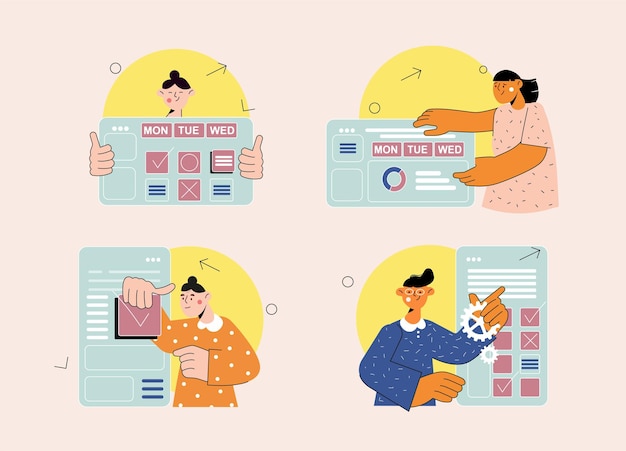 Business planning set concept with people scene in the flat cartoon style