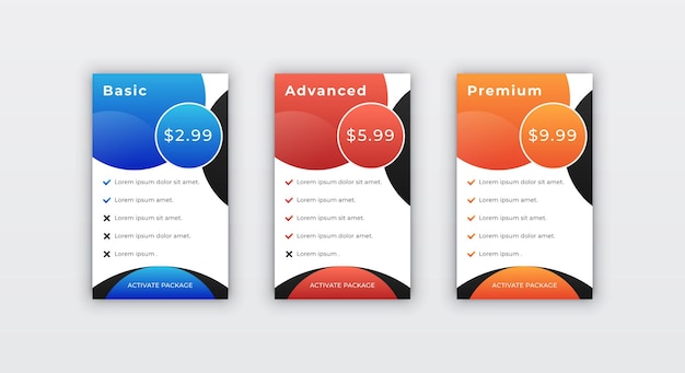 Business purpose subscription pricing table design template for website